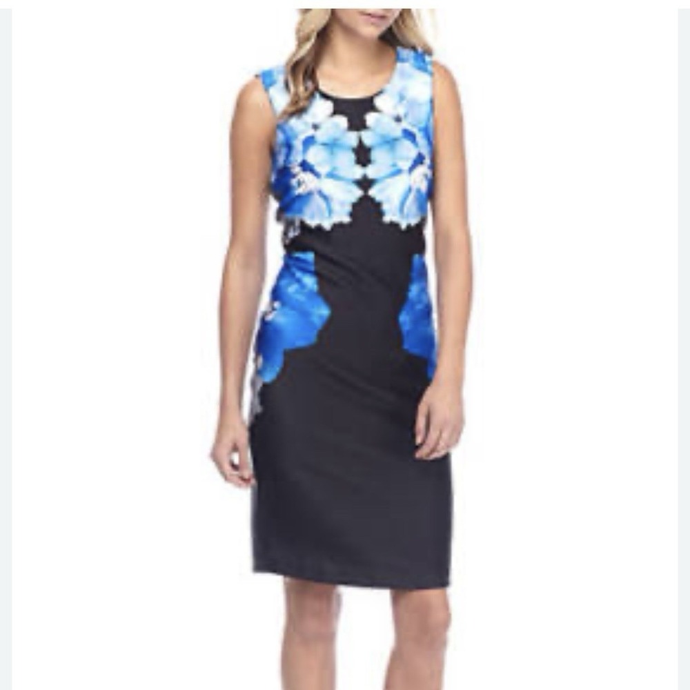 Calvin Klein Blue‎ Floral Stretch Scuba Knit Sleeveless Sheath Dress Size 14W